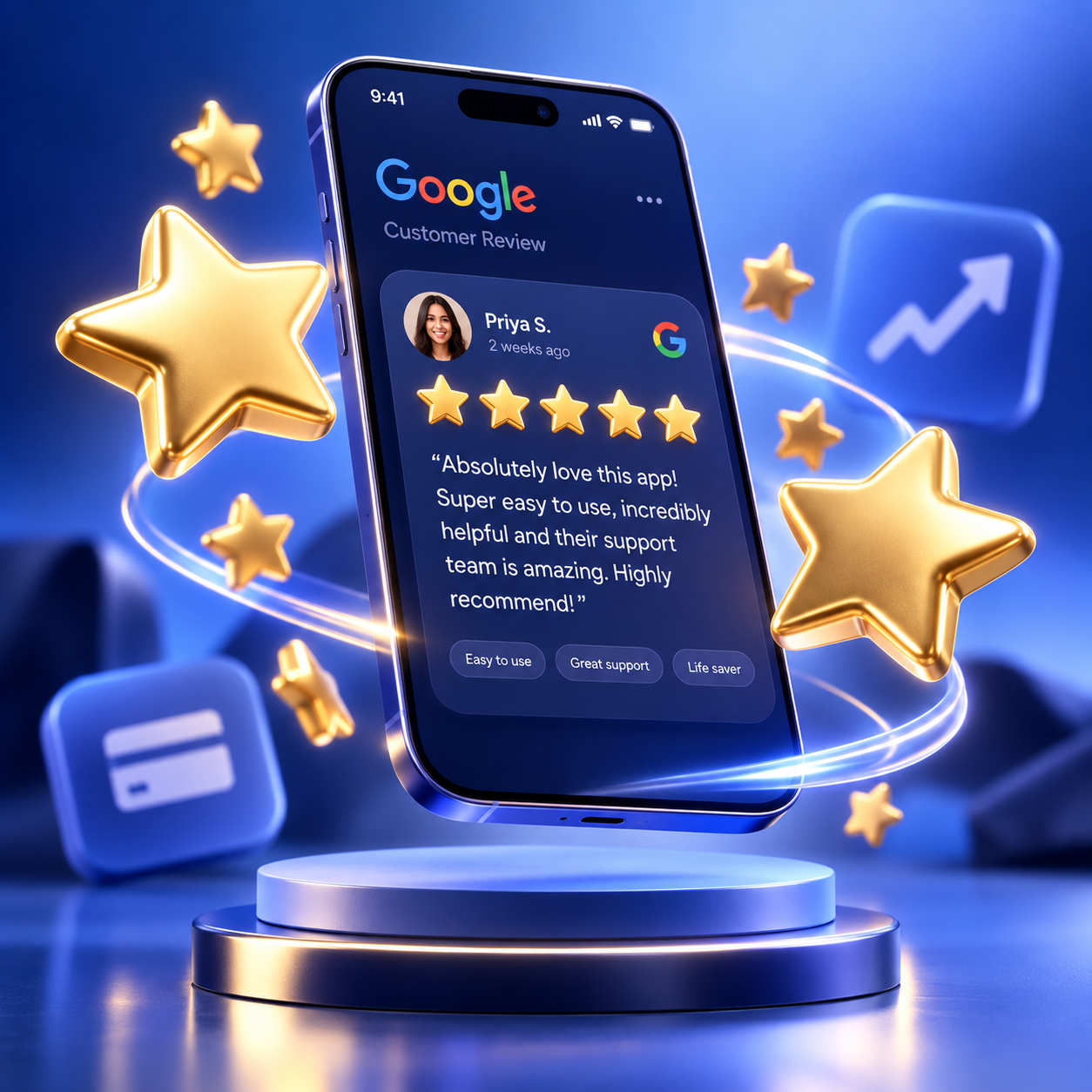 3D phone showing 5-star Google reviews collected automatically with RavePeak